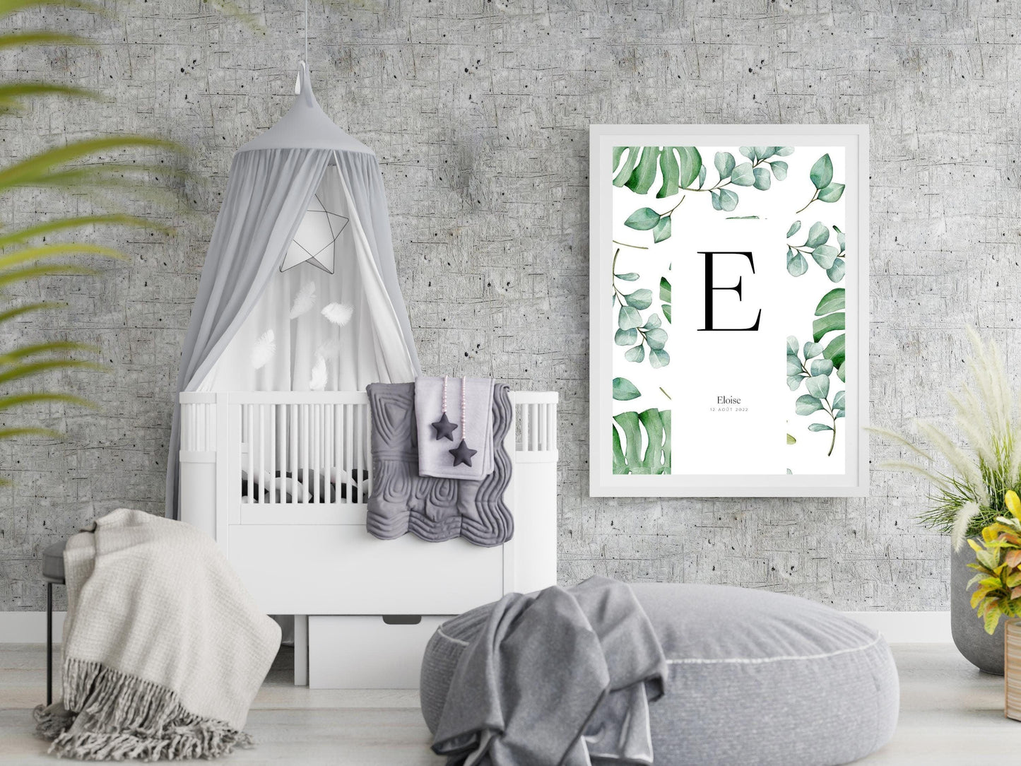 Affiche lettre initiale prénom date de naissance personnalisable motif feuille cadeau original anniversaire baptême bébé enfant fille garçon - Imagine.affiche