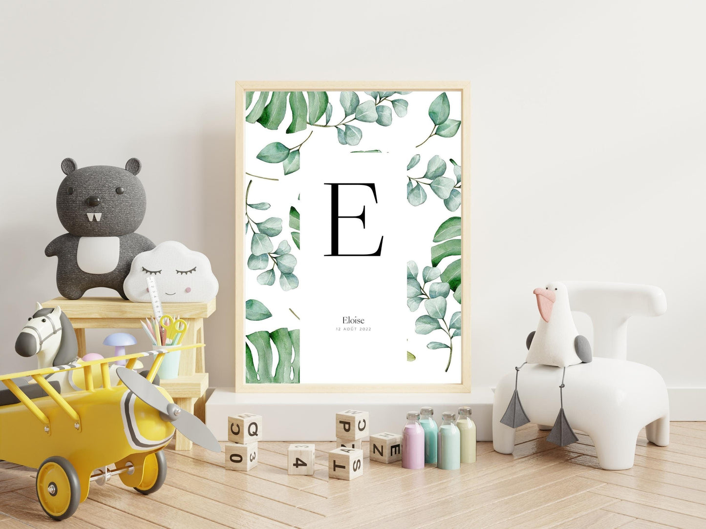 Affiche lettre initiale prénom date de naissance personnalisable motif feuille cadeau original anniversaire baptême bébé enfant fille garçon - Imagine.affiche