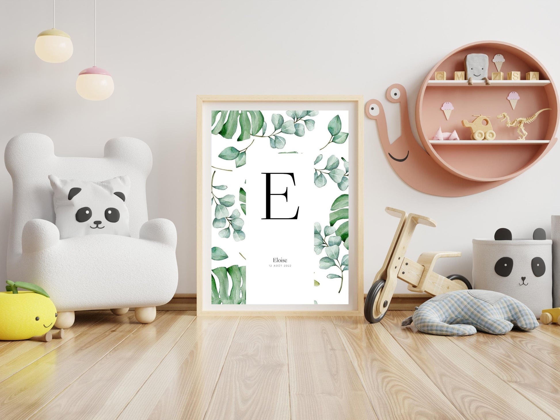 Affiche lettre initiale prénom date de naissance personnalisable motif feuille cadeau original anniversaire baptême bébé enfant fille garçon - Imagine.affiche