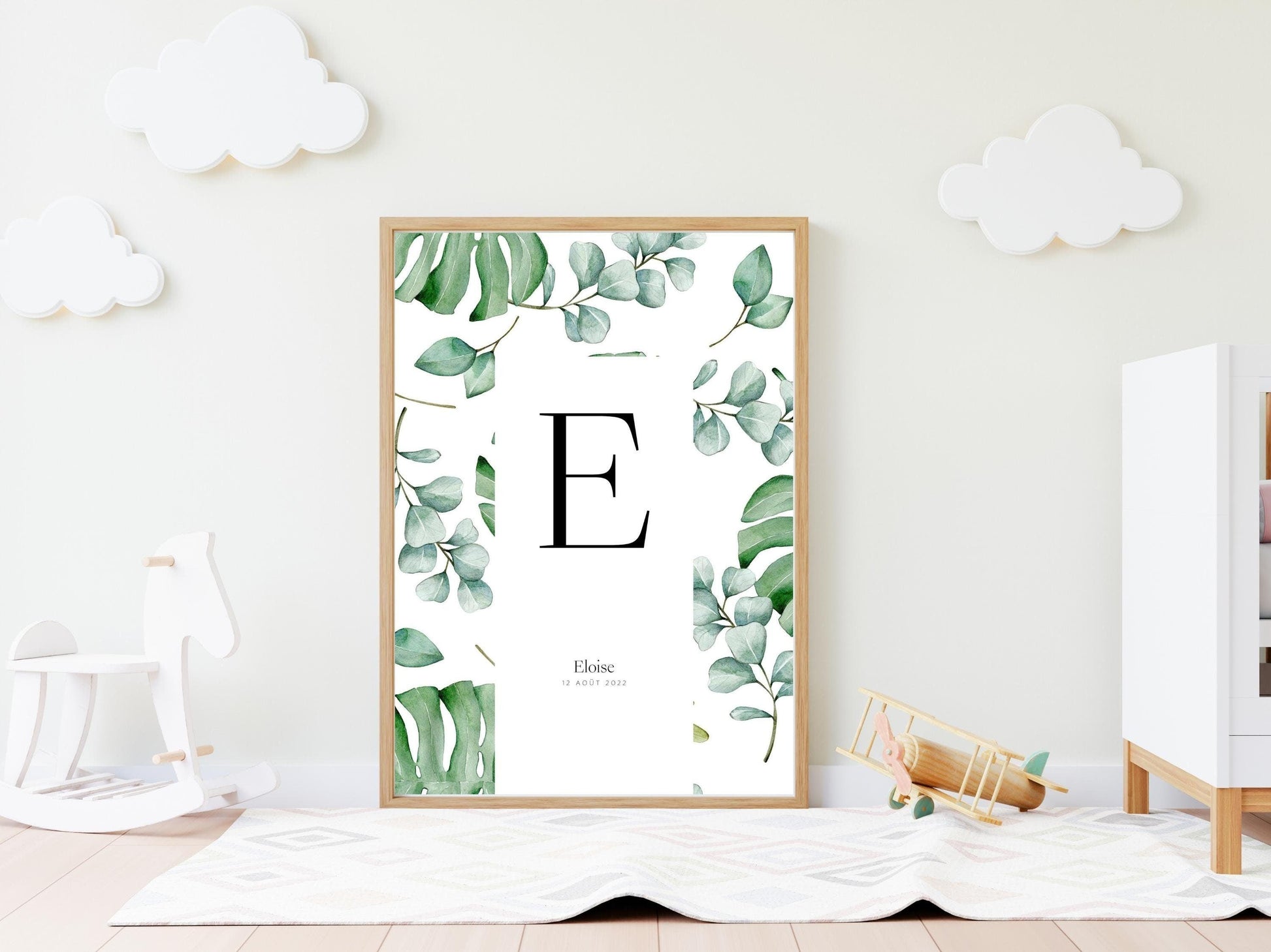 Affiche lettre initiale prénom date de naissance personnalisable motif feuille cadeau original anniversaire baptême bébé enfant fille garçon - Imagine.affiche
