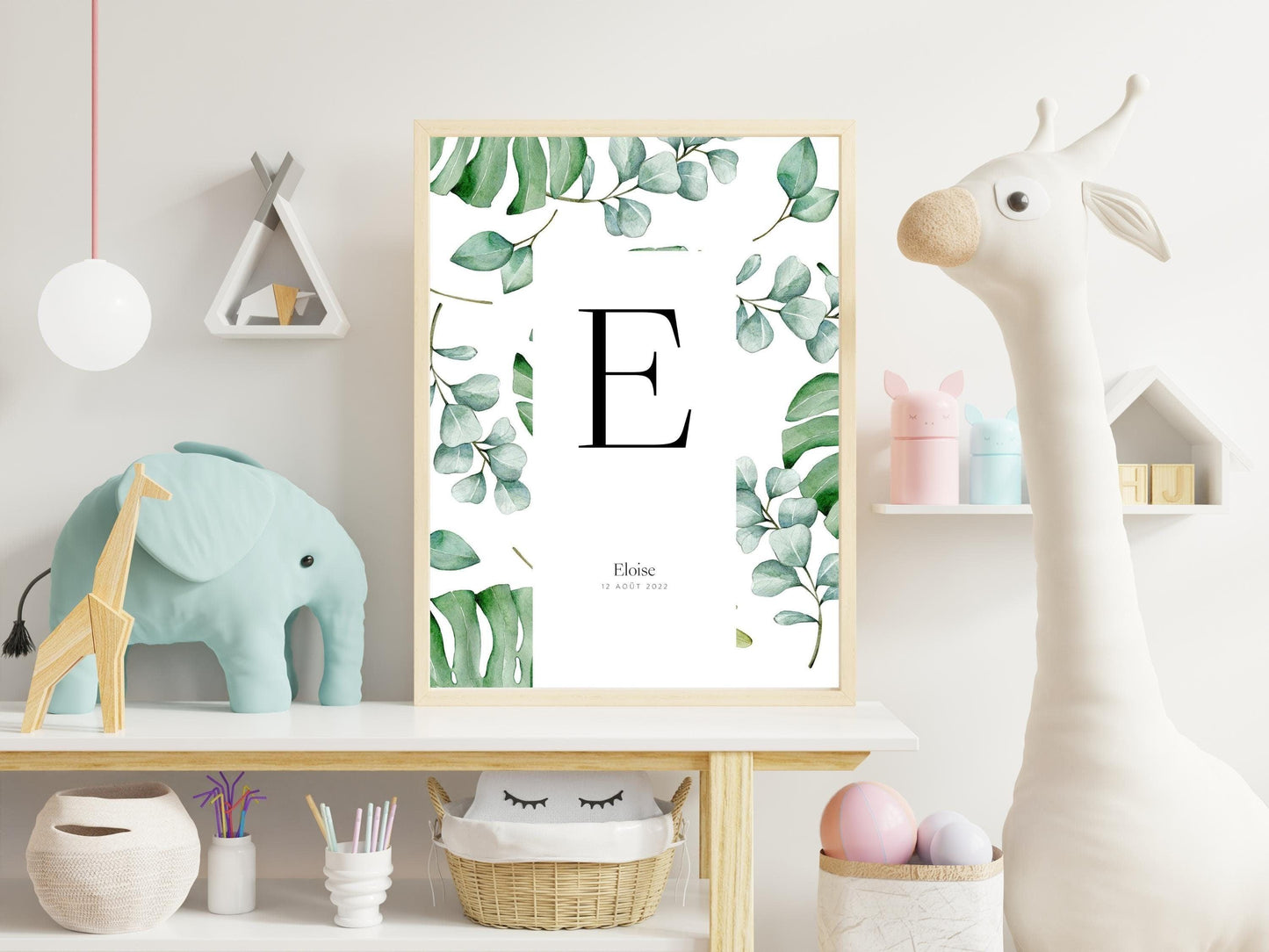 Affiche lettre initiale prénom date de naissance personnalisable motif feuille cadeau original anniversaire baptême bébé enfant fille garçon - Imagine.affiche
