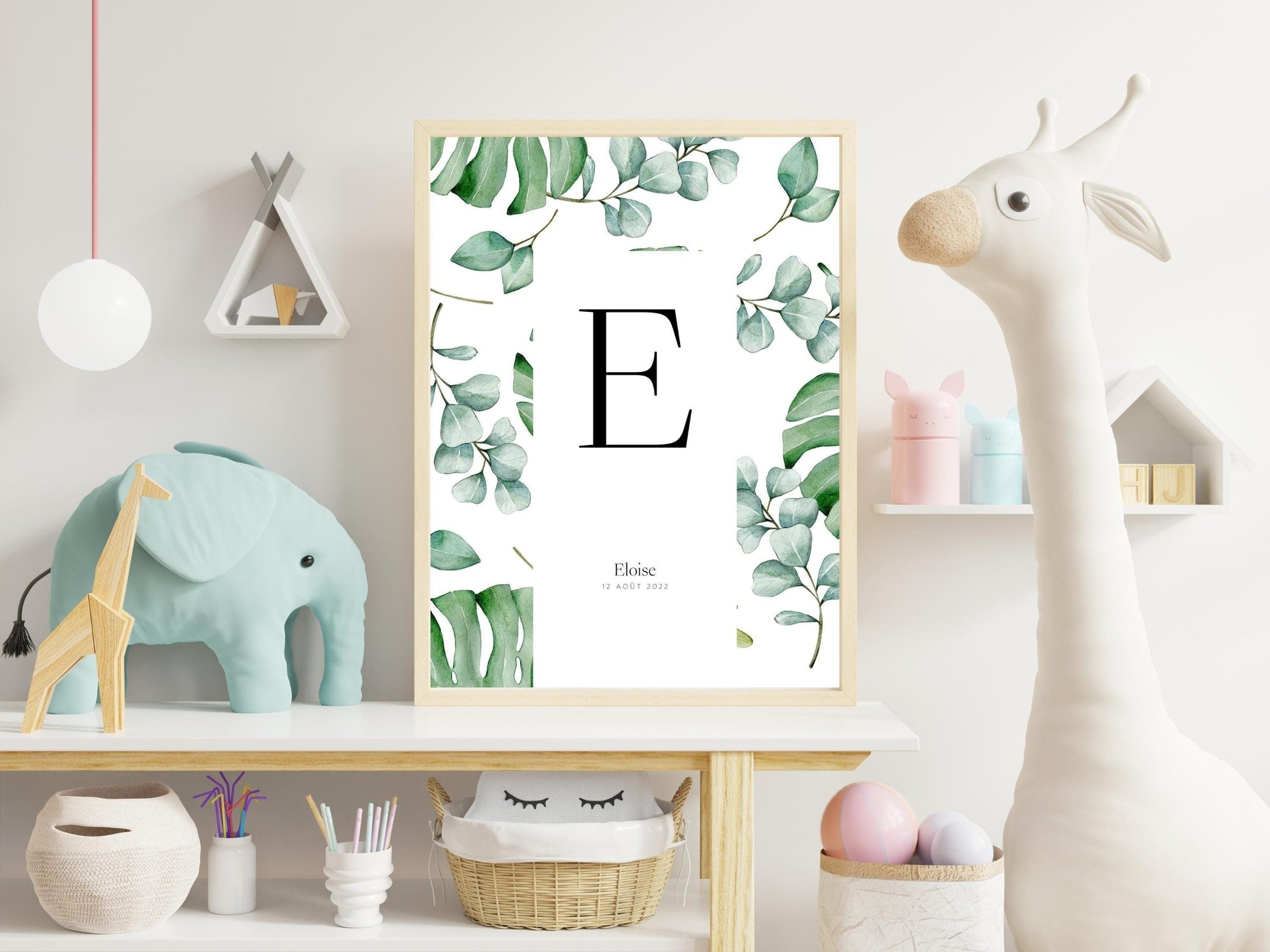 Affiche lettre initiale prénom date de naissance personnalisable motif feuille cadeau original anniversaire baptême bébé enfant fille garçon - Imagine.affiche