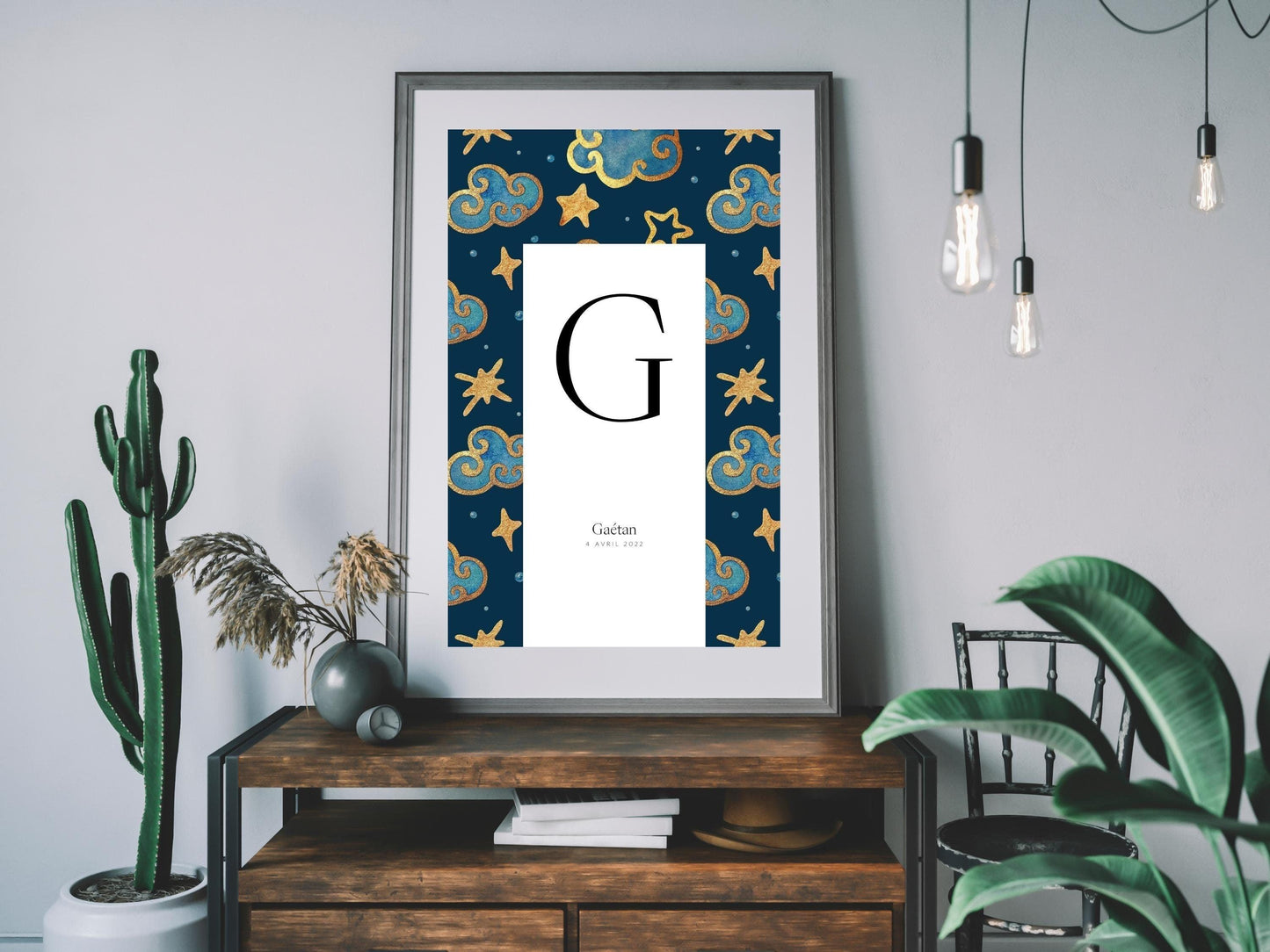 Affiche lettre initiale prénom date de naissance personnalisée motif nuit étoilée cadeau original naissance baptême bébé enfant fille garçon - Imagine.affiche