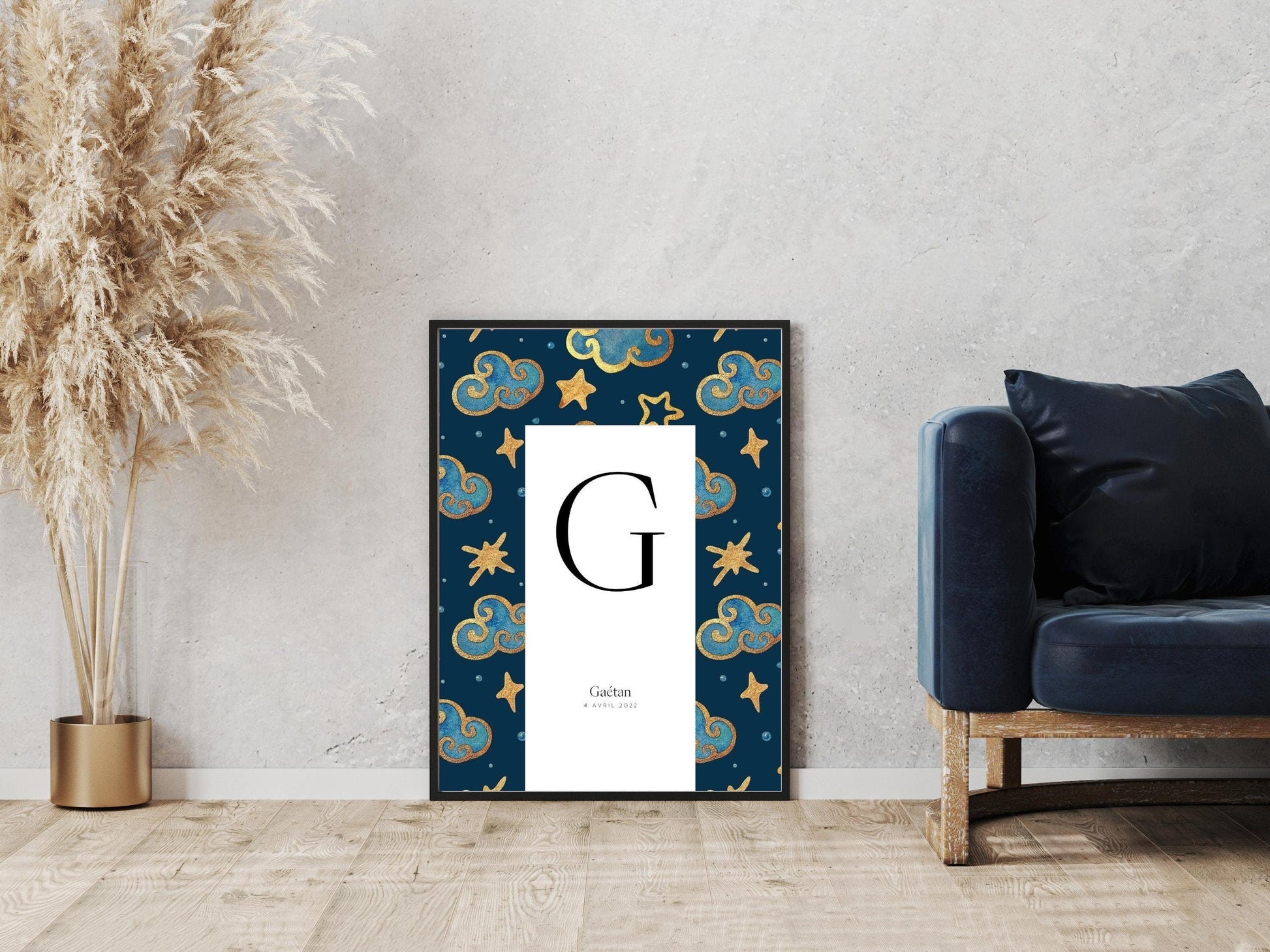 Affiche lettre initiale prénom date de naissance personnalisée motif nuit étoilée cadeau original naissance baptême bébé enfant fille garçon - Imagine.affiche