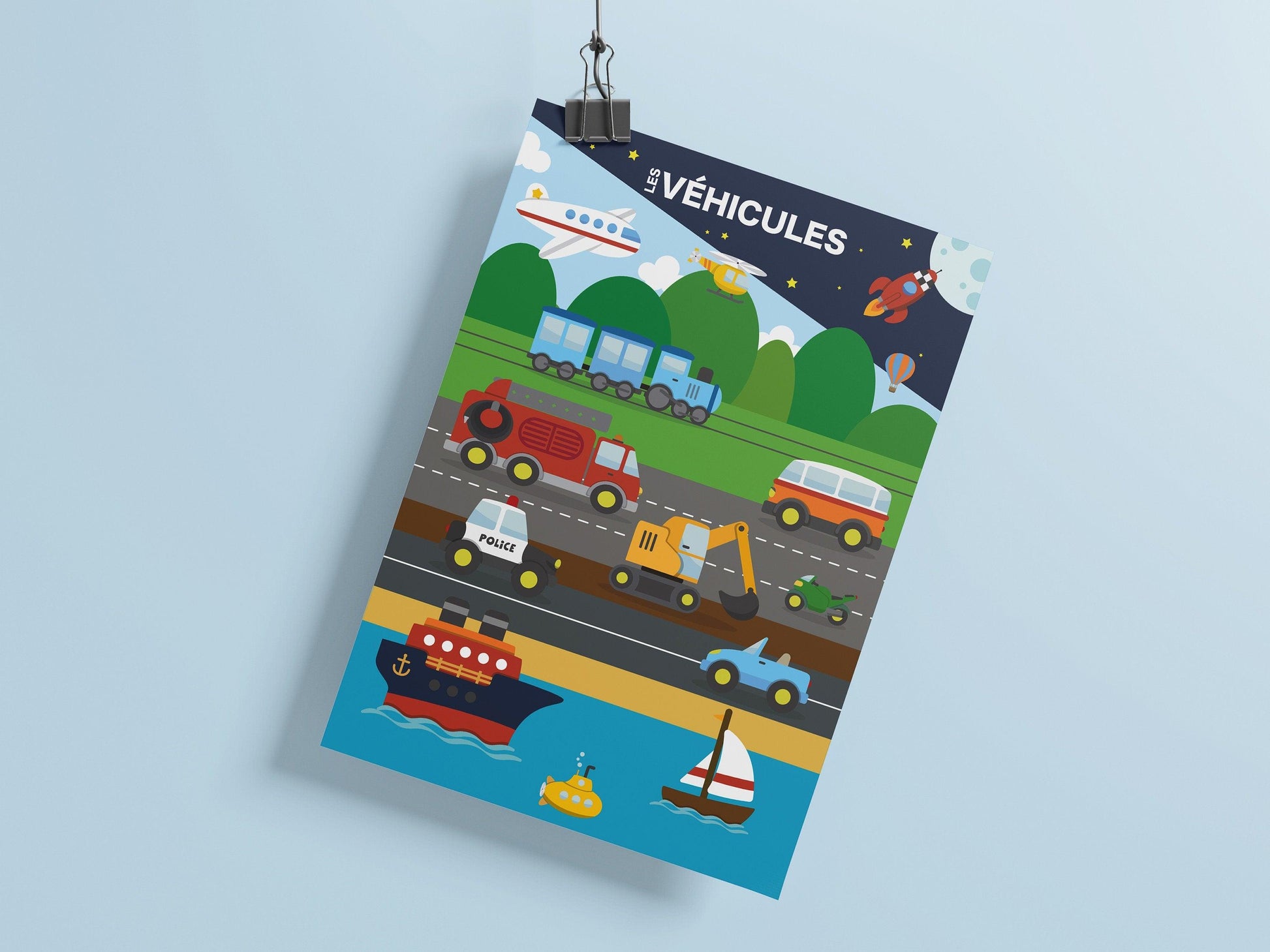 Affiche Les véhicules voiture camion bateau avion train moto fusée - école maternelle primaire - poster chambre enfant garçon apprentissage - Imagine.affiche