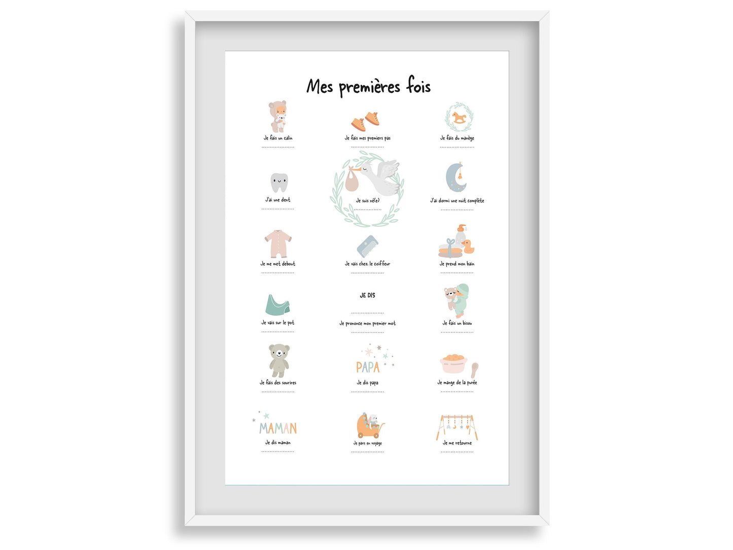 Affiche "Mes premières fois" vert d'eau pour dater les premiers pas le premier mot bébé - Imagine.affiche