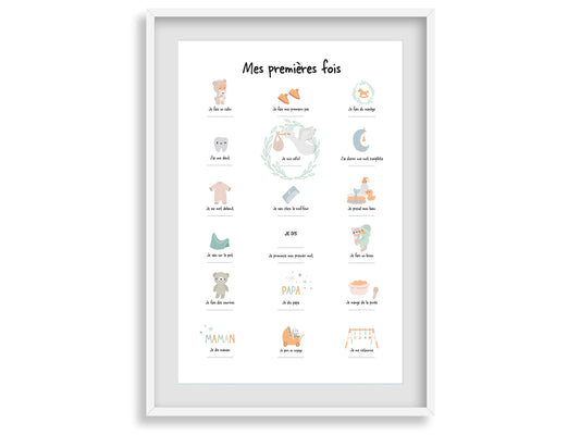 Affiche "Mes premières fois" vert d'eau pour dater les premiers pas le premier mot bébé - Imagine.affiche