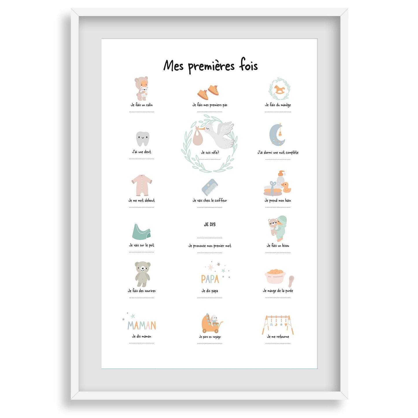 Affiche mes premières fois bébé vert d'eau - souvenir premiers pas premier mot première dent