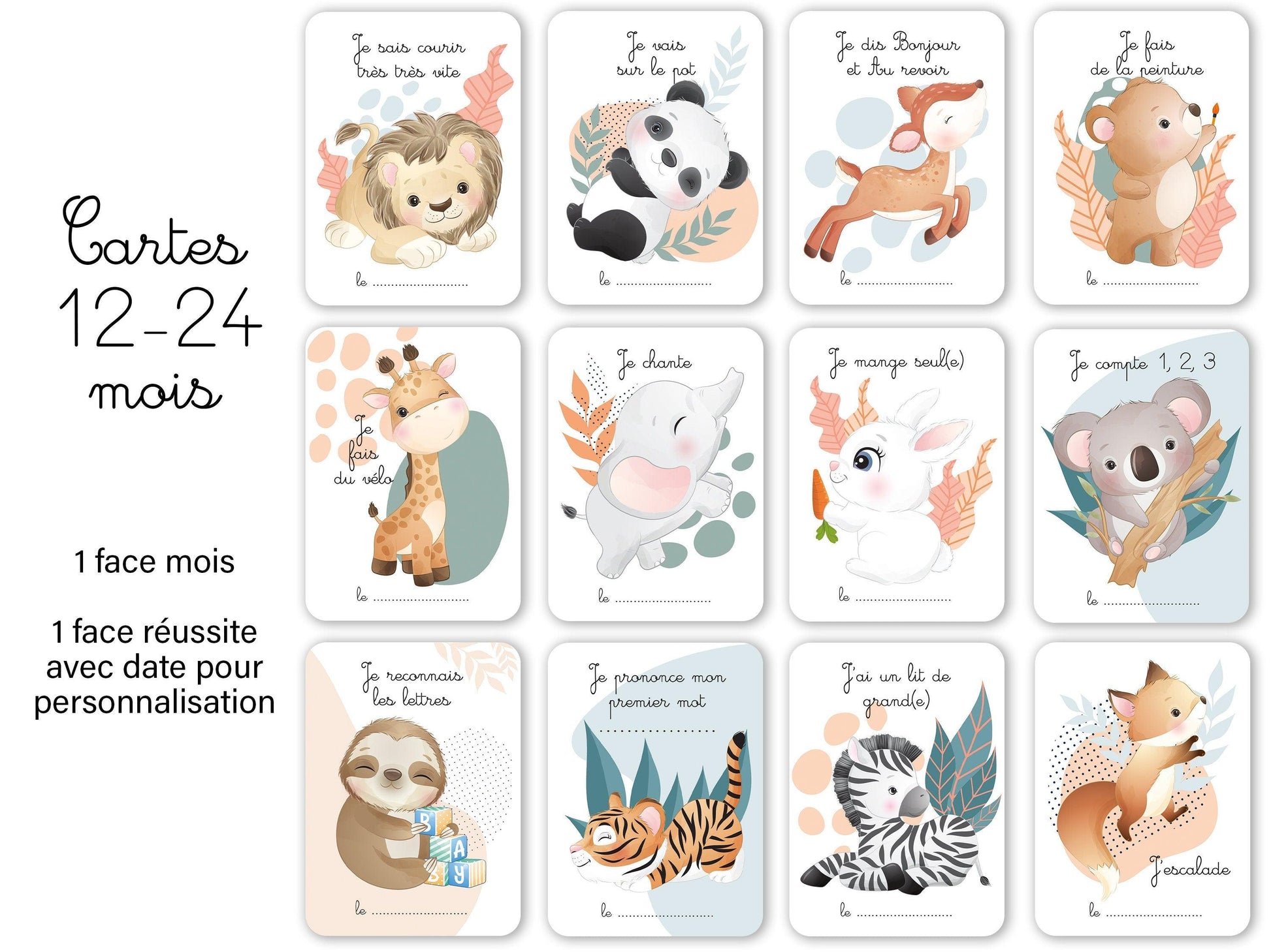Carte étapes - 12 - 24 mois - Animaux mignon jungle forêt 1 an 2 ans - Bébé - Famille - Souvenir - Papeterie - Ma deuxième année recto verso - Imagine.affiche