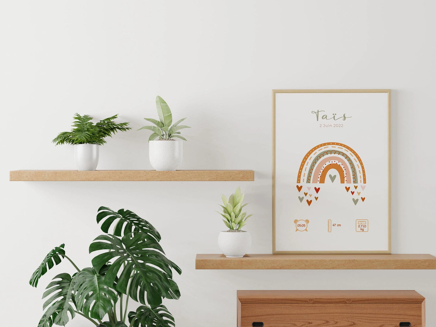 Affiche de naissance personnalisée "Arc en ciel" idée cadeau souvenir avec Prénom poids taille et heure en Décoration chambre enfants bébé - Imagine.affiche