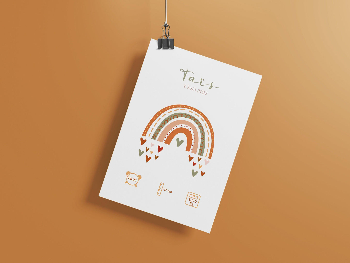 Affiche de naissance personnalisée "Arc en ciel" idée cadeau souvenir avec Prénom poids taille et heure en Décoration chambre enfants bébé - Imagine.affiche