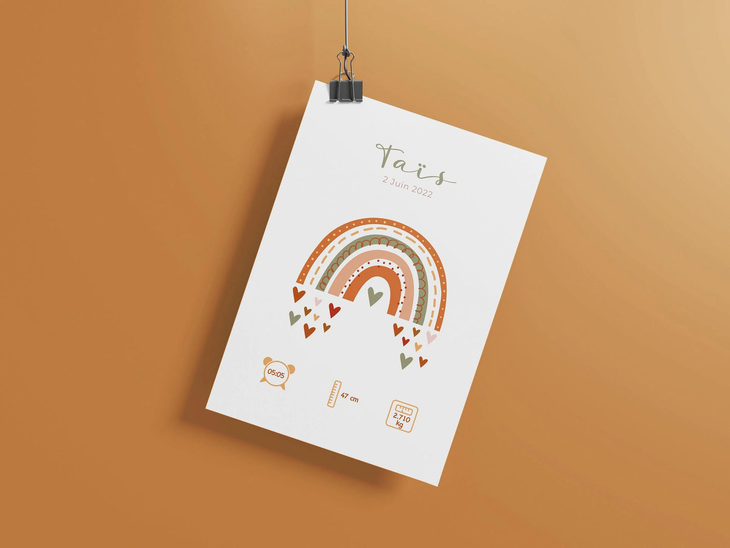 Affiche de naissance personnalisée "Arc en ciel" idée cadeau souvenir avec Prénom poids taille et heure en Décoration chambre enfants bébé - Imagine.affiche