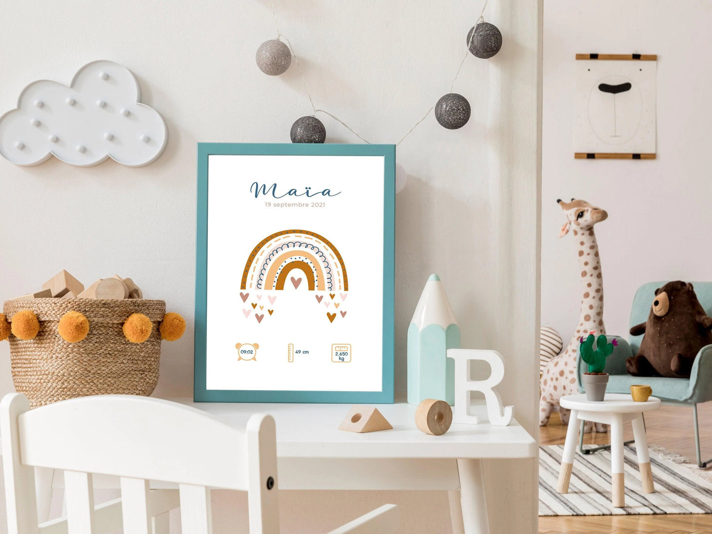 Affiche de naissance personnalisée "Arc en ciel" idée cadeau souvenir avec Prénom poids taille et heure en Décoration chambre enfants bébé - Imagine.affiche