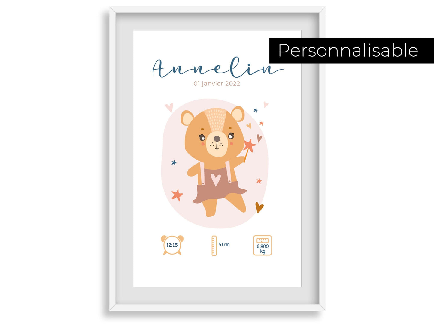 Affiche de naissance personnalisée "Ourson" idée cadeau souvenir avec Prénom poids taille et heure en Décoration chambre enfants bébé - Imagine.affiche