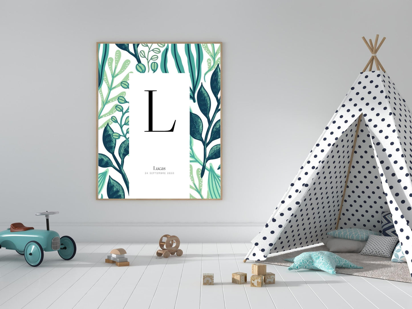 Affiche lettre initiale prénom date de naissance personnalisable motif jungle cadeau original anniversaire baptême bébé enfant fille garçon - Imagine.affiche