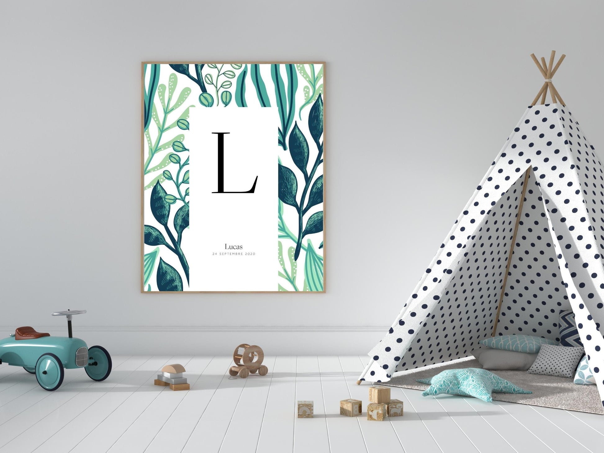 Affiche lettre initiale prénom date de naissance personnalisable motif jungle cadeau original anniversaire baptême bébé enfant fille garçon - Imagine.affiche