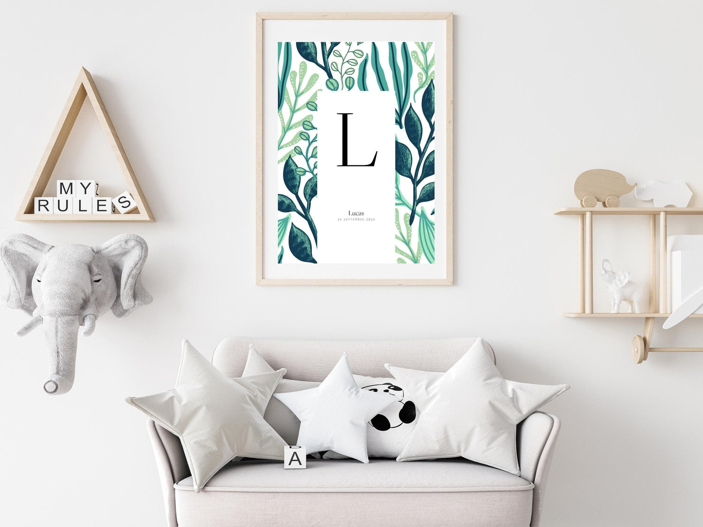 Affiche lettre initiale prénom date de naissance personnalisable motif jungle cadeau original anniversaire baptême bébé enfant fille garçon - Imagine.affiche