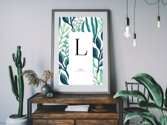 Affiche lettre initiale prénom date de naissance personnalisable motif jungle cadeau original anniversaire baptême bébé enfant fille garçon - Imagine.affiche