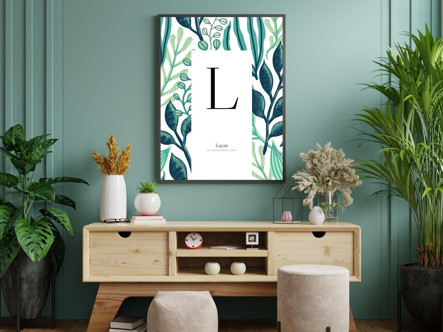 Affiche lettre initiale prénom date de naissance personnalisable motif jungle cadeau original anniversaire baptême bébé enfant fille garçon - Imagine.affiche