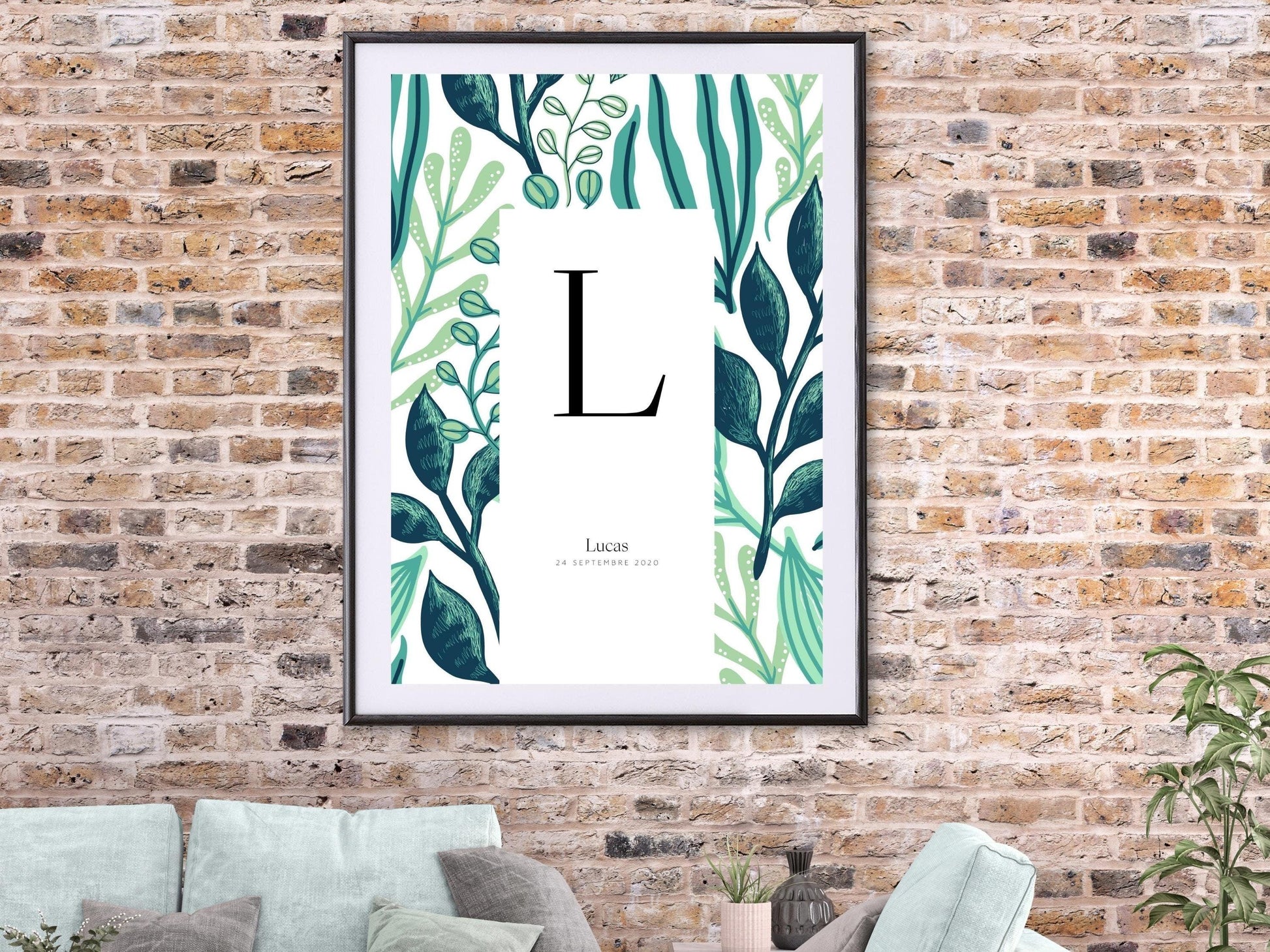 Affiche lettre initiale prénom date de naissance personnalisable motif jungle cadeau original anniversaire baptême bébé enfant fille garçon - Imagine.affiche