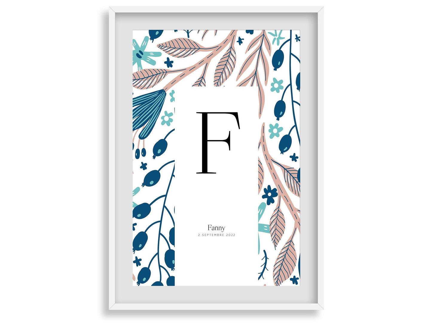 Affiche lettre initiale prénom date de naissance personnalisable motif feuillage cadeau original fête baptême bébé enfant fille garçon - Imagine.affiche