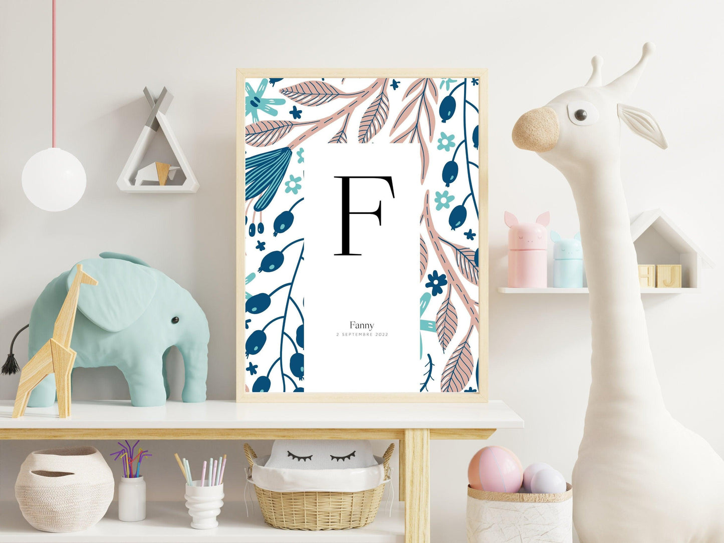 Affiche lettre initiale prénom date de naissance personnalisable motif feuillage cadeau original fête baptême bébé enfant fille garçon - Imagine.affiche