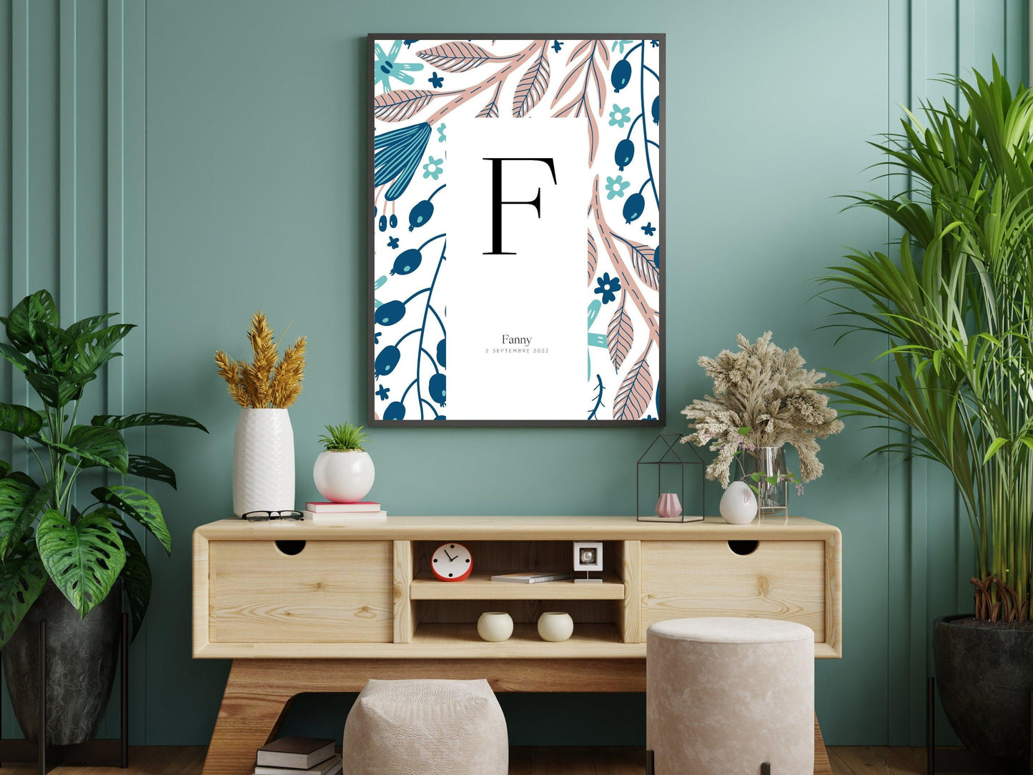 Affiche lettre initiale prénom date de naissance personnalisable motif feuillage cadeau original fête baptême bébé enfant fille garçon - Imagine.affiche
