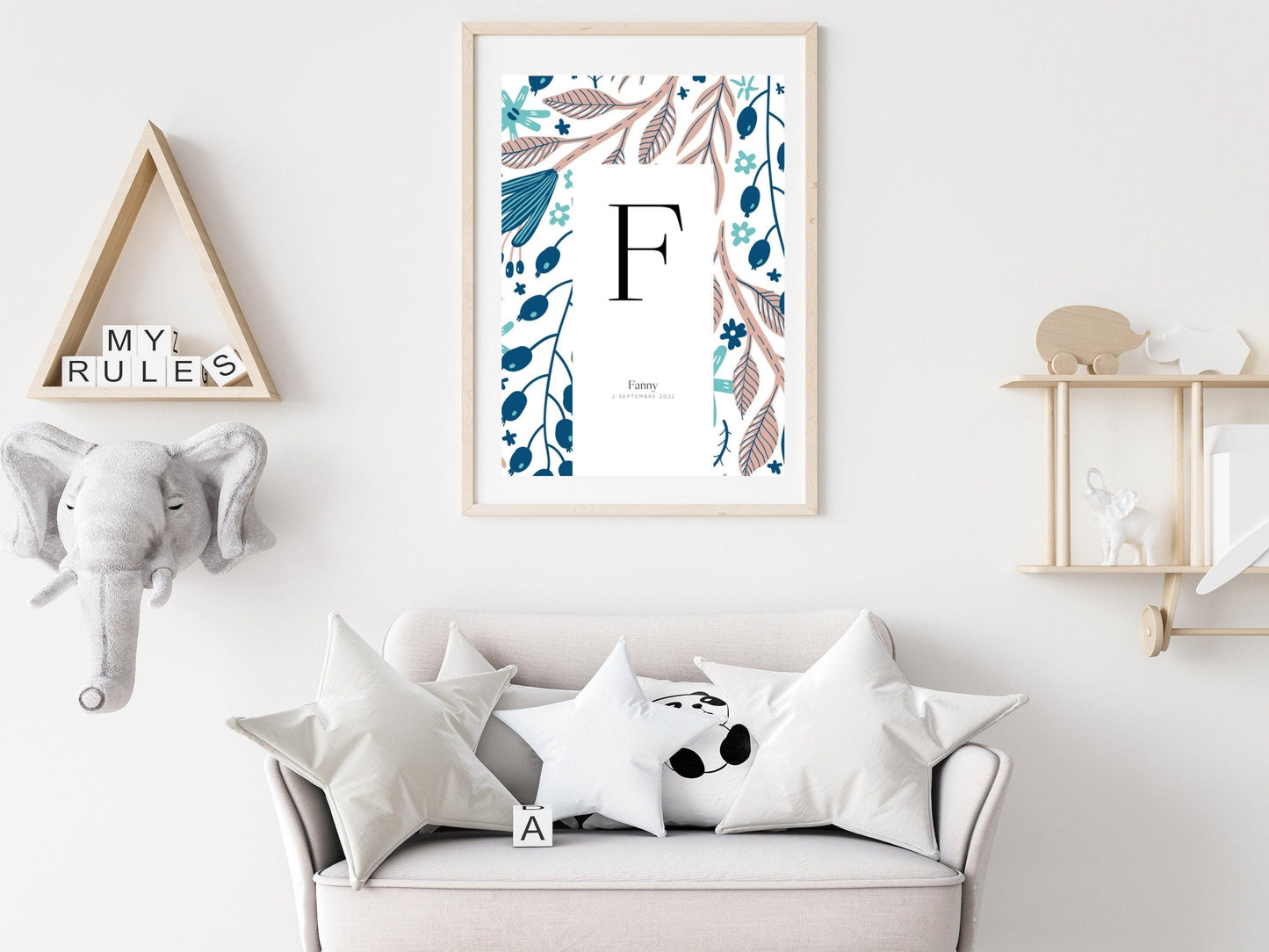 Affiche lettre initiale prénom date de naissance personnalisable motif feuillage cadeau original fête baptême bébé enfant fille garçon - Imagine.affiche