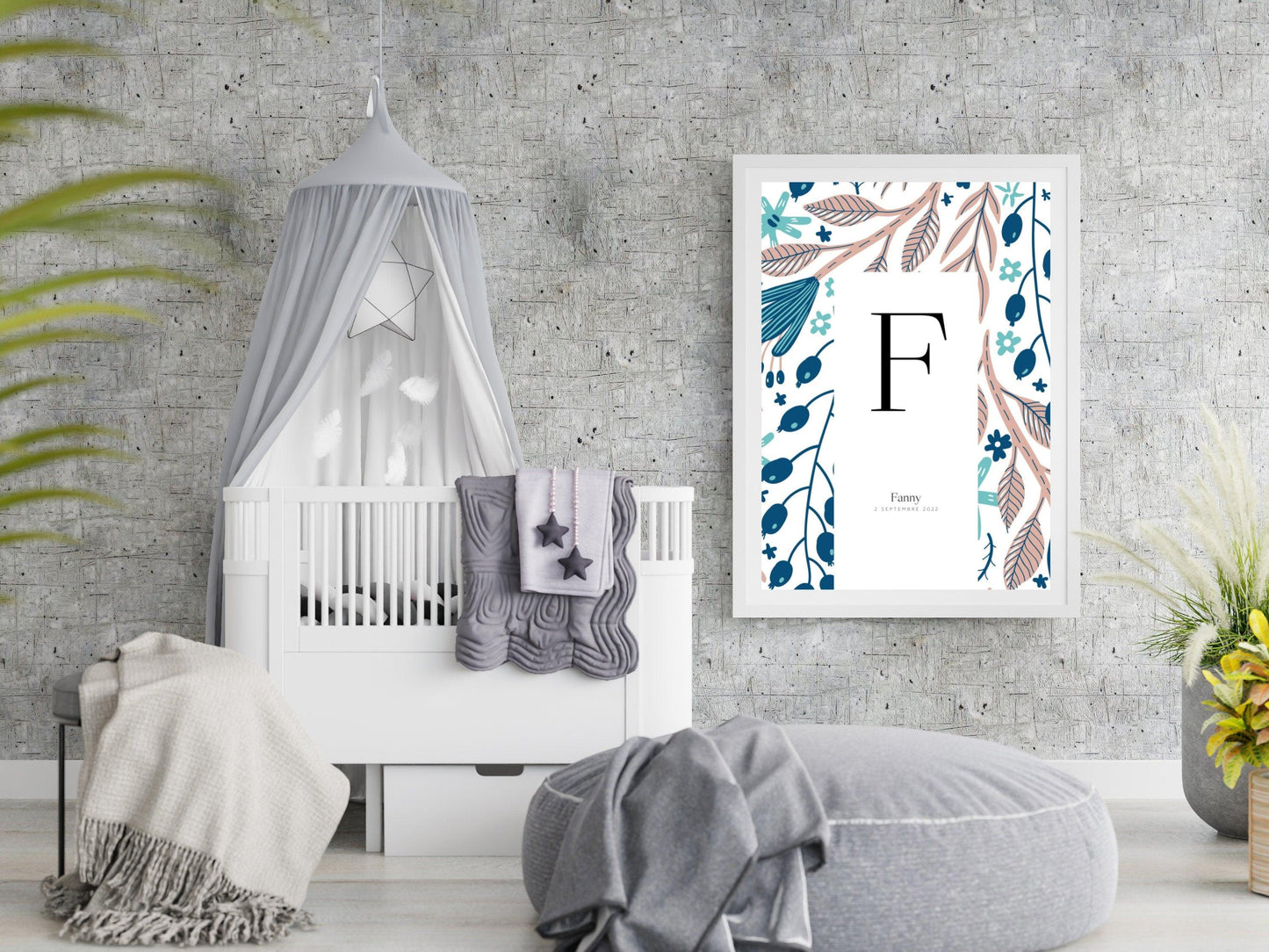 Affiche lettre initiale prénom date de naissance personnalisable motif feuillage cadeau original fête baptême bébé enfant fille garçon - Imagine.affiche
