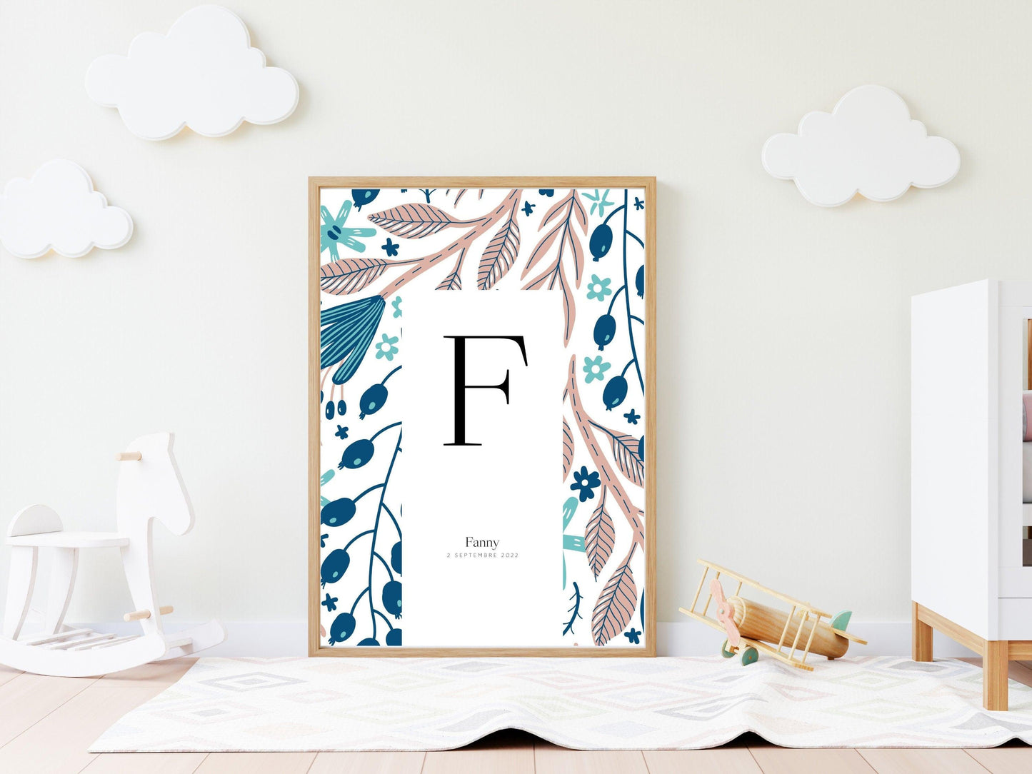Affiche lettre initiale prénom date de naissance personnalisable motif feuillage cadeau original fête baptême bébé enfant fille garçon - Imagine.affiche