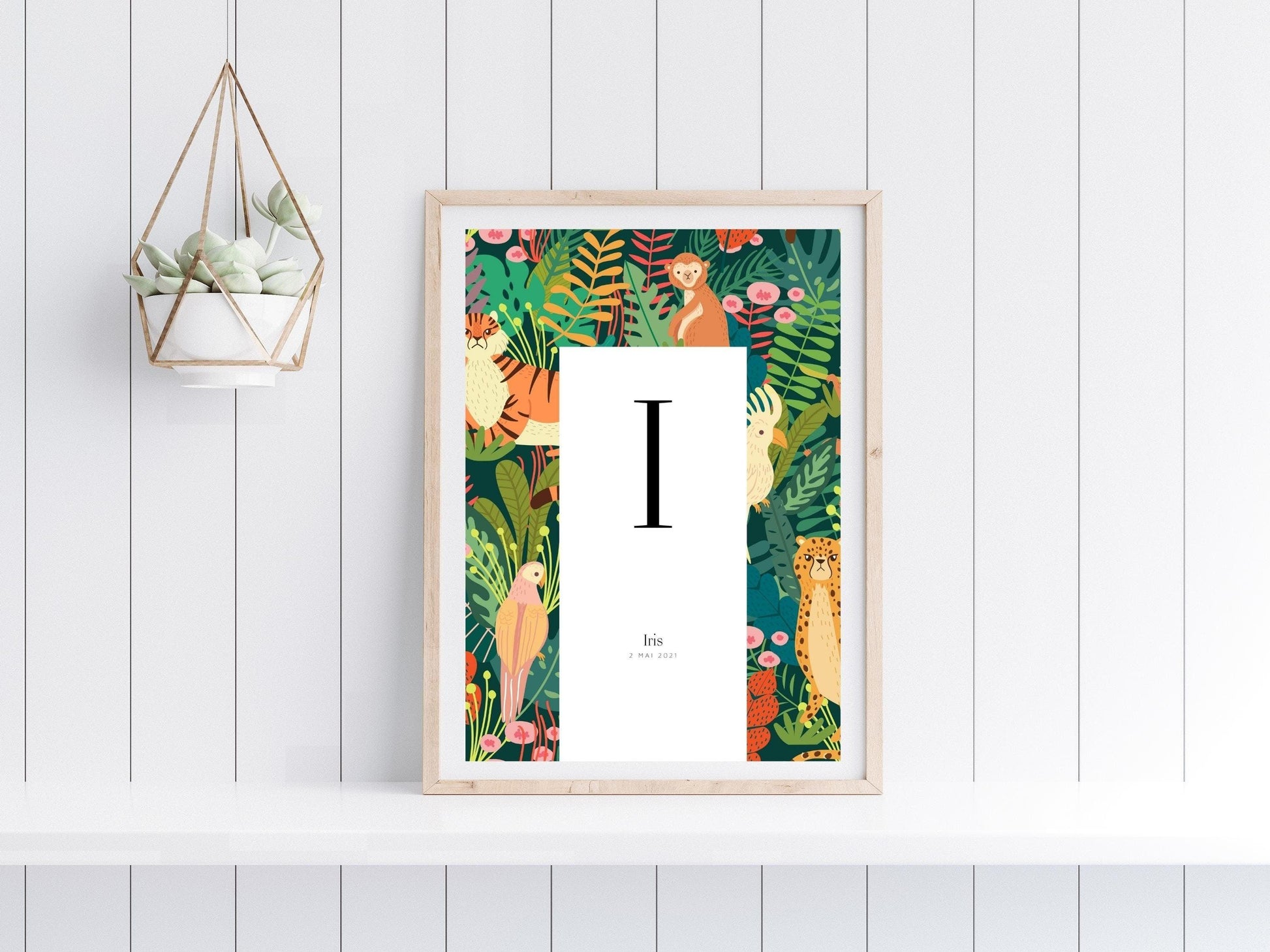 Affiche lettre initiale prénom date de naissance personnalisable motif jungle cadeau original anniversaire baptême bébé enfant fille garçon - Imagine.affiche