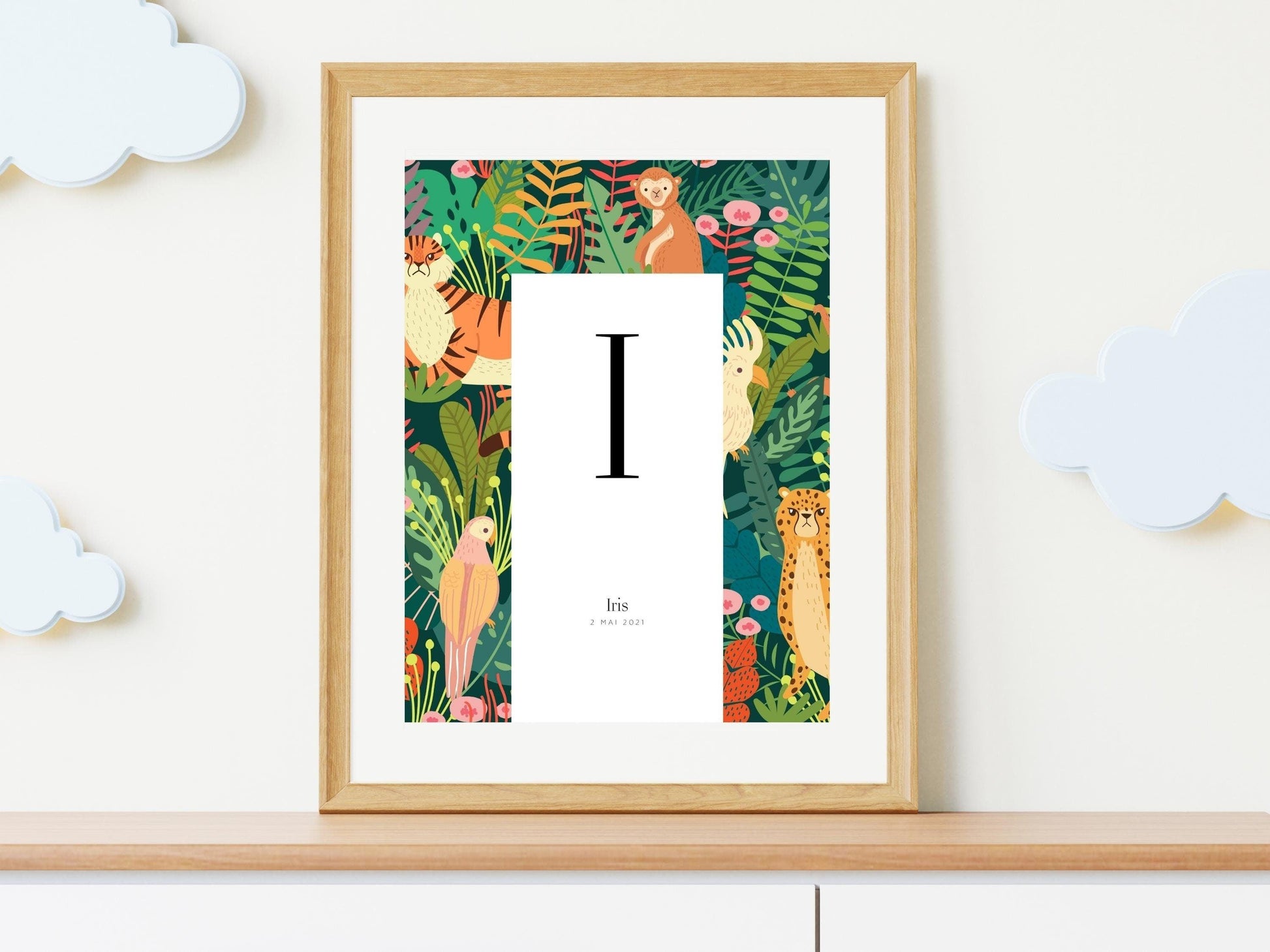 Affiche lettre initiale prénom date de naissance personnalisable motif jungle cadeau original anniversaire baptême bébé enfant fille garçon - Imagine.affiche