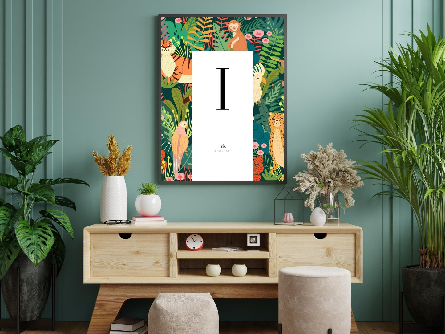 Affiche lettre initiale prénom date de naissance personnalisable motif jungle cadeau original anniversaire baptême bébé enfant fille garçon - Imagine.affiche