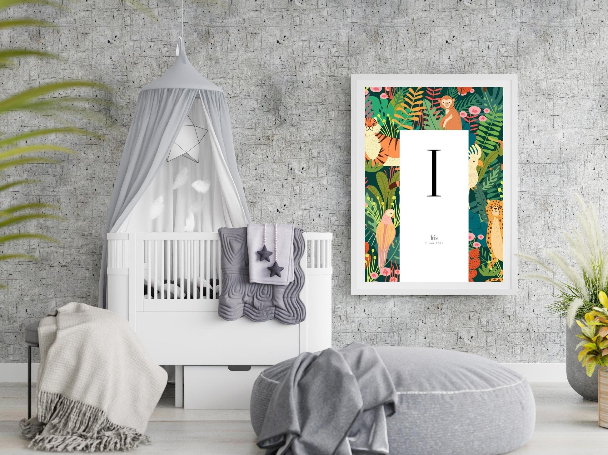 Affiche lettre initiale prénom date de naissance personnalisable motif jungle cadeau original anniversaire baptême bébé enfant fille garçon - Imagine.affiche