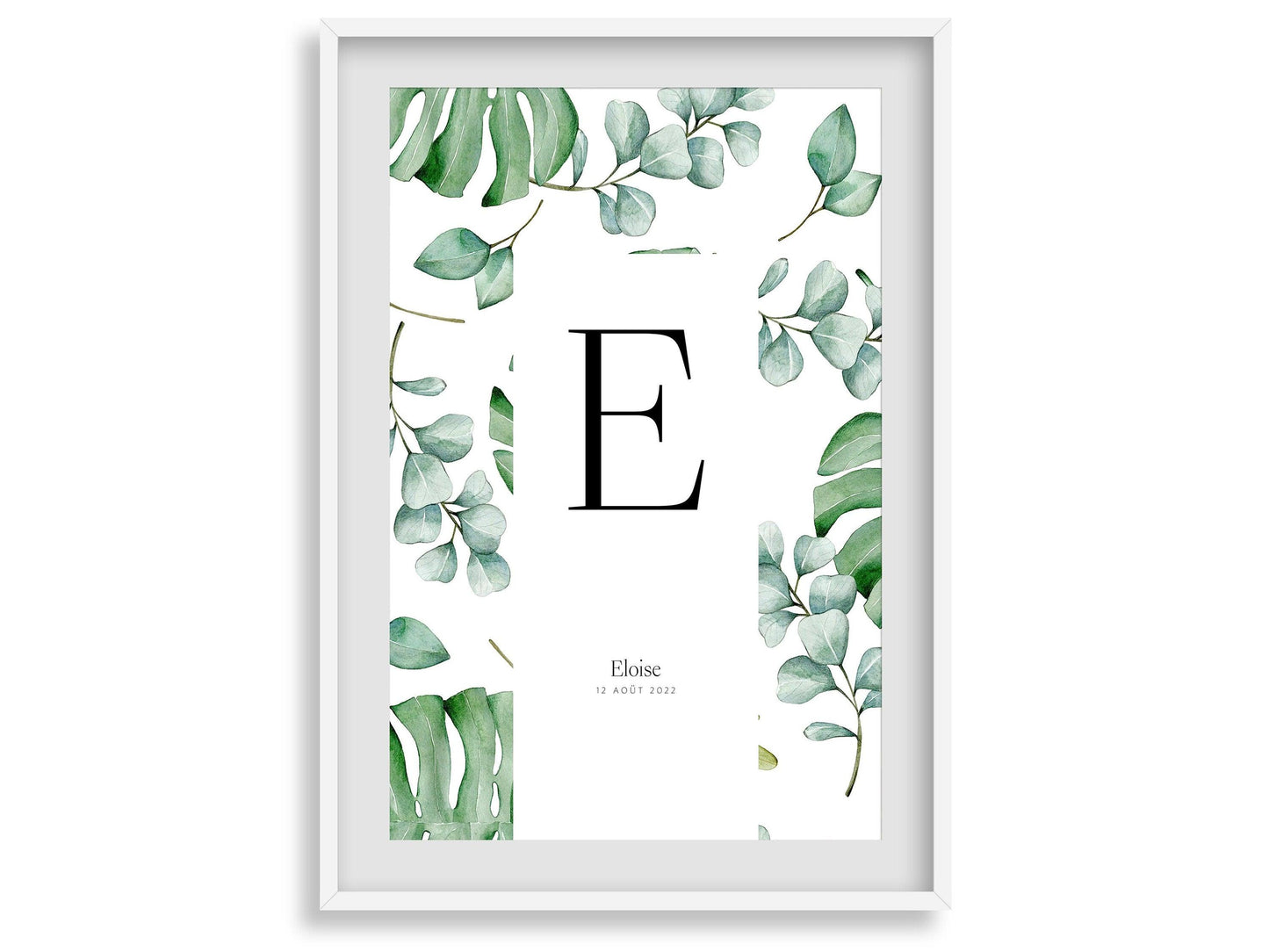 Affiche lettre initiale prénom date de naissance personnalisable motif feuille cadeau original anniversaire baptême bébé enfant fille garçon - Imagine.affiche
