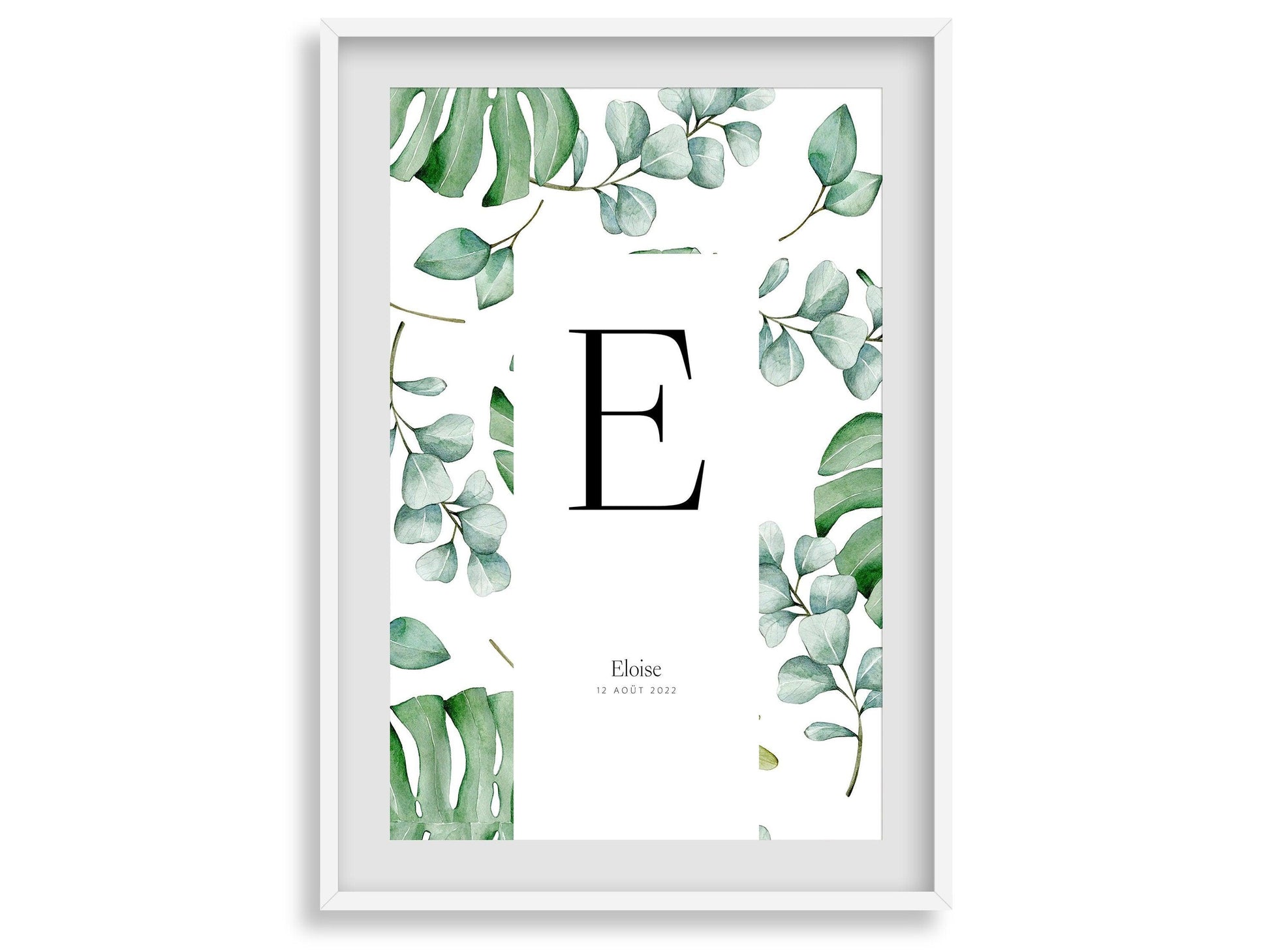 Affiche lettre initiale prénom date de naissance personnalisable motif feuille cadeau original anniversaire baptême bébé enfant fille garçon - Imagine.affiche