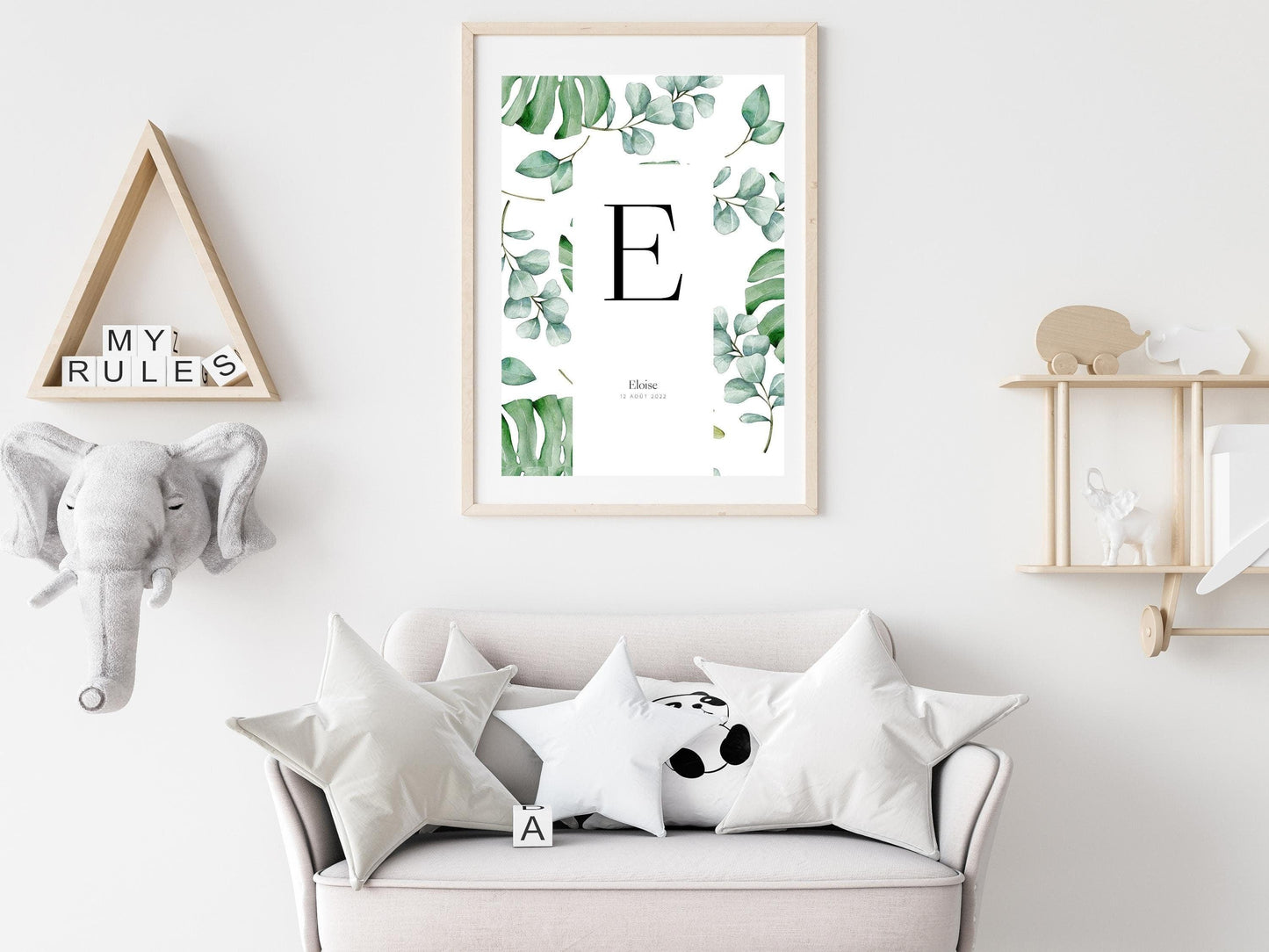 Affiche lettre initiale prénom date de naissance personnalisable motif feuille cadeau original anniversaire baptême bébé enfant fille garçon - Imagine.affiche