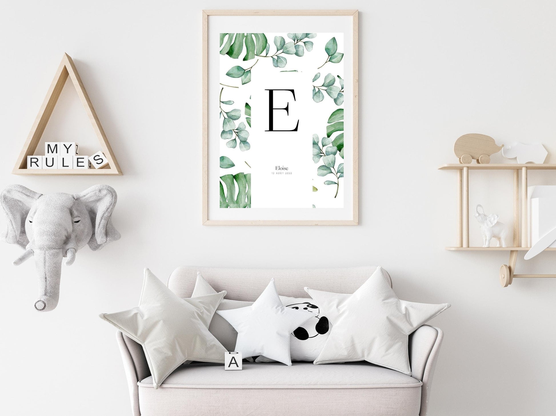 Affiche lettre initiale prénom date de naissance personnalisable motif feuille cadeau original anniversaire baptême bébé enfant fille garçon - Imagine.affiche