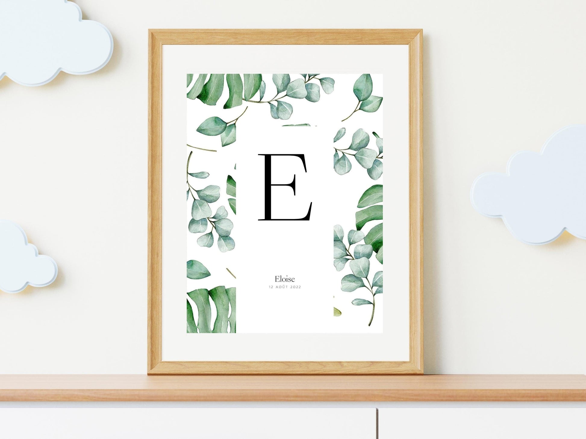 Affiche lettre initiale prénom date de naissance personnalisable motif feuille cadeau original anniversaire baptême bébé enfant fille garçon - Imagine.affiche
