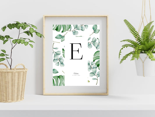 Affiche lettre initiale prénom date de naissance personnalisable motif feuille cadeau original anniversaire baptême bébé enfant fille garçon - Imagine.affiche