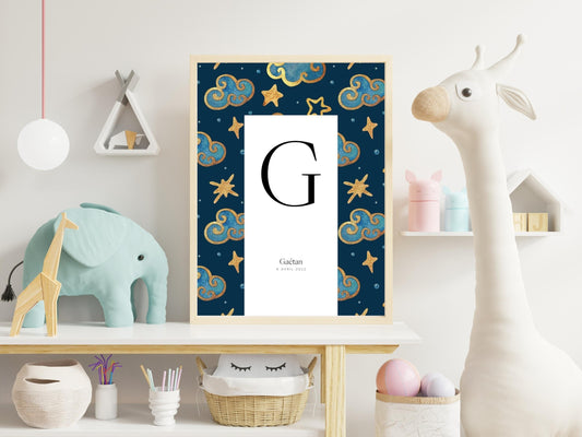 Affiche lettre initiale prénom date de naissance personnalisée motif nuit étoilée cadeau original naissance baptême bébé enfant fille garçon - Imagine.affiche