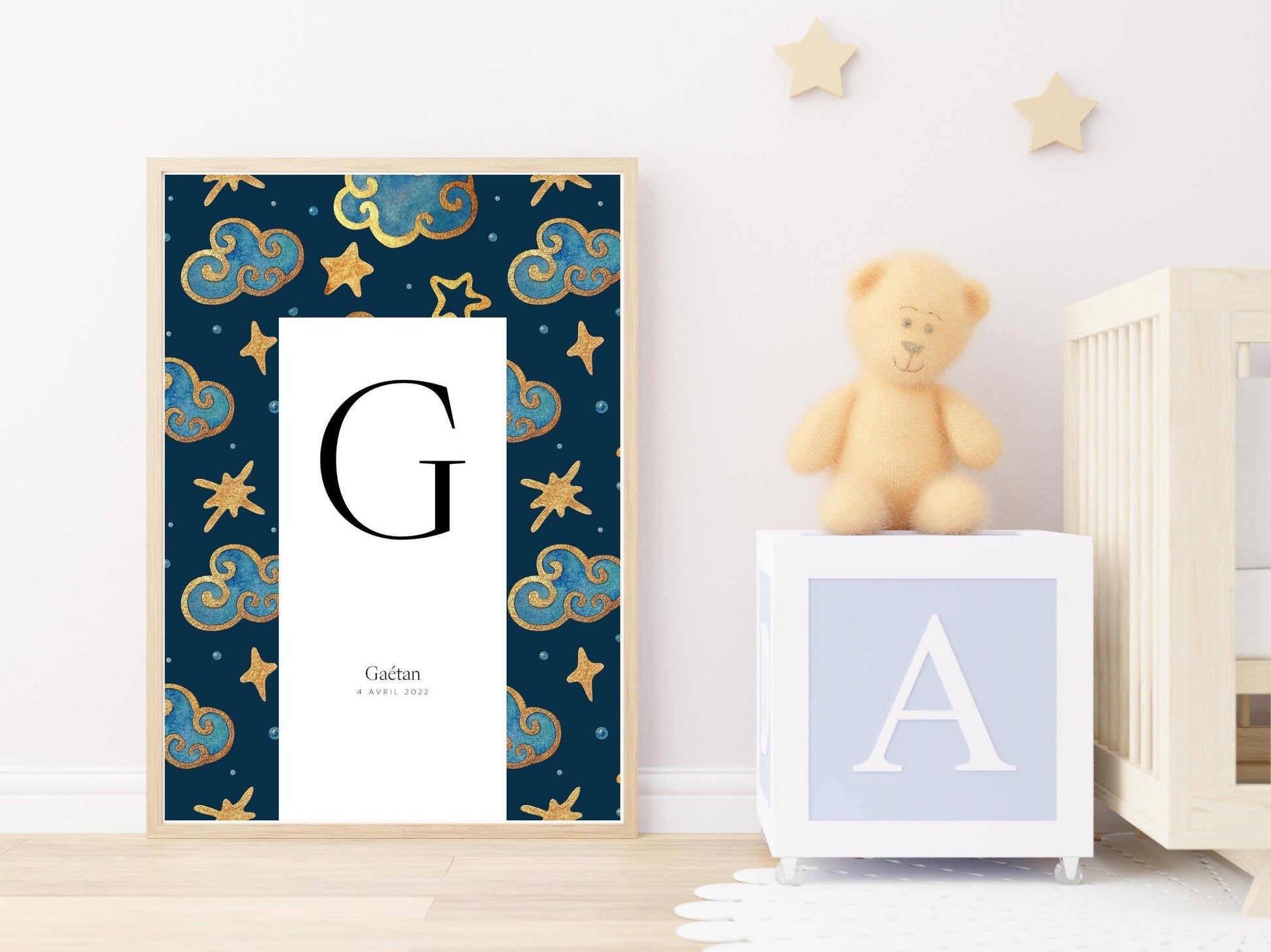 Affiche lettre initiale prénom date de naissance personnalisée motif nuit étoilée cadeau original naissance baptême bébé enfant fille garçon - Imagine.affiche
