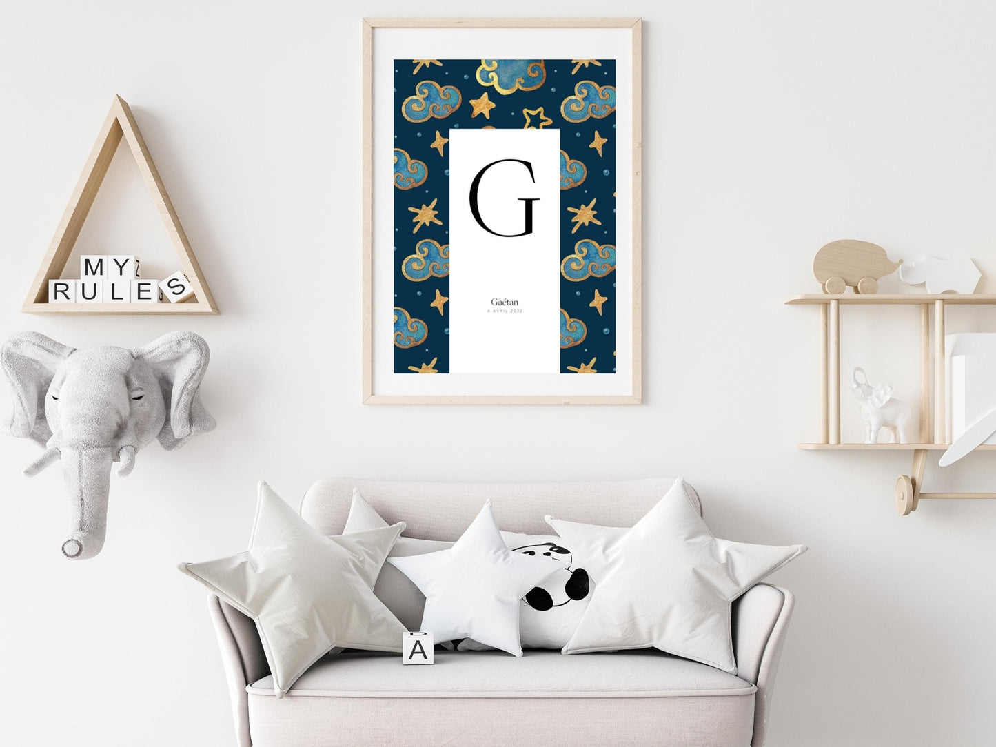 Affiche lettre initiale prénom date de naissance personnalisée motif nuit étoilée cadeau original naissance baptême bébé enfant fille garçon - Imagine.affiche