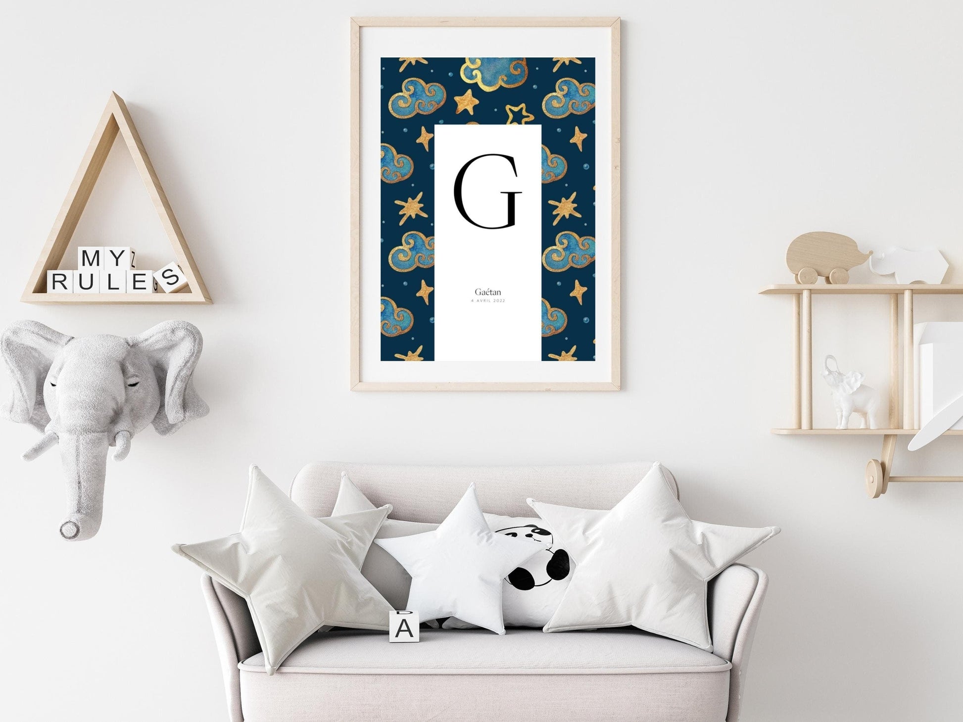 Affiche lettre initiale prénom date de naissance personnalisée motif nuit étoilée cadeau original naissance baptême bébé enfant fille garçon - Imagine.affiche
