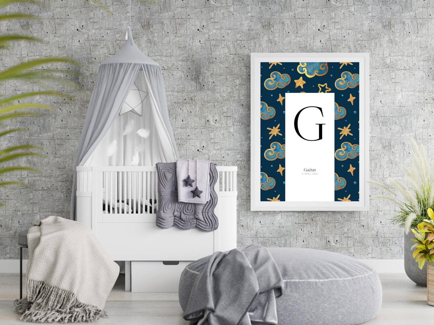 Affiche lettre initiale prénom date de naissance personnalisée motif nuit étoilée cadeau original naissance baptême bébé enfant fille garçon - Imagine.affiche