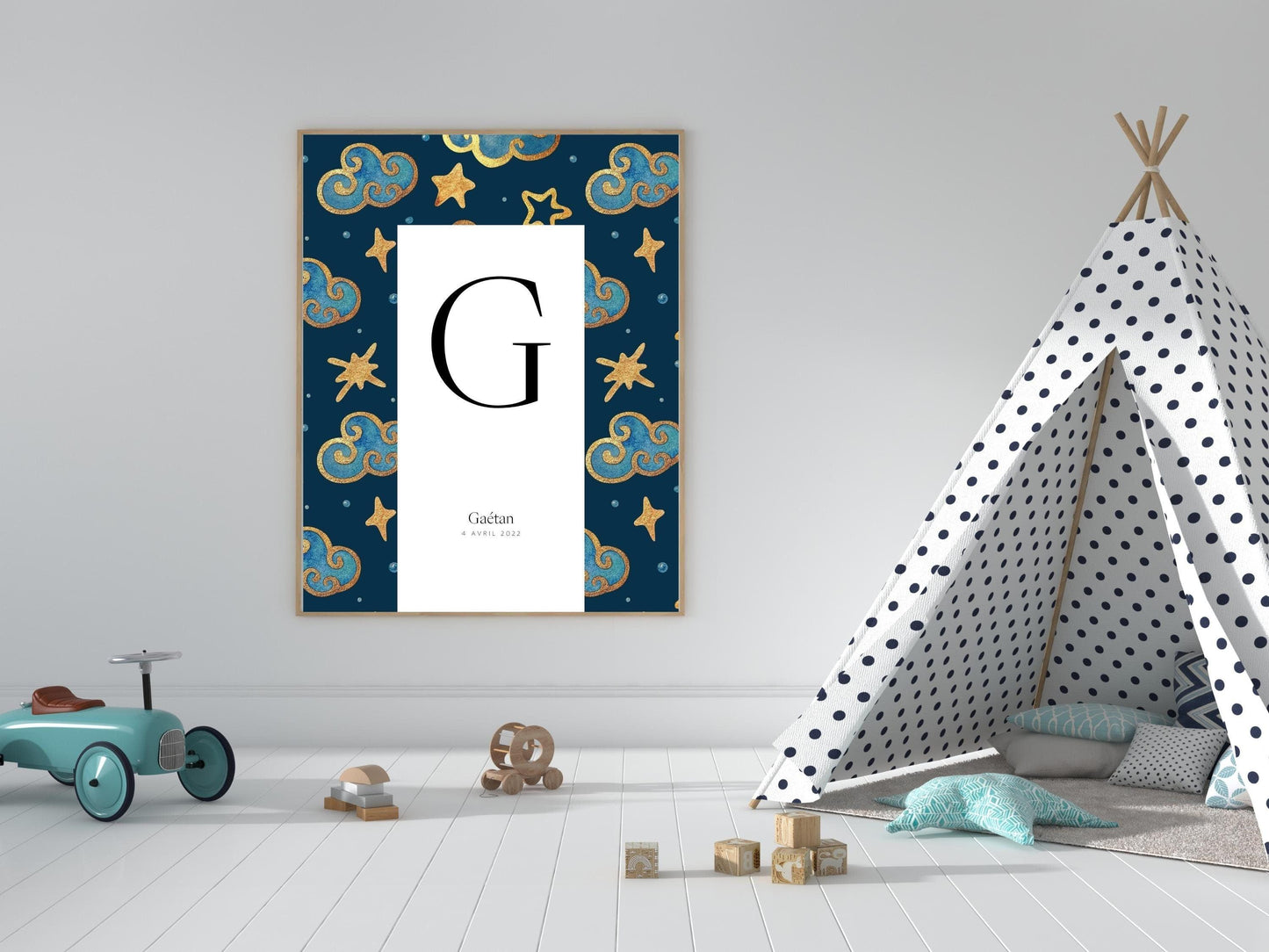 Affiche lettre initiale prénom date de naissance personnalisée motif nuit étoilée cadeau original naissance baptême bébé enfant fille garçon - Imagine.affiche