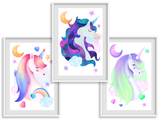 Magical unicorn posters child/baby room - Decoration boy girl -multicolored- Birthday - storytelling and magic - 3 posters A4 A3 print