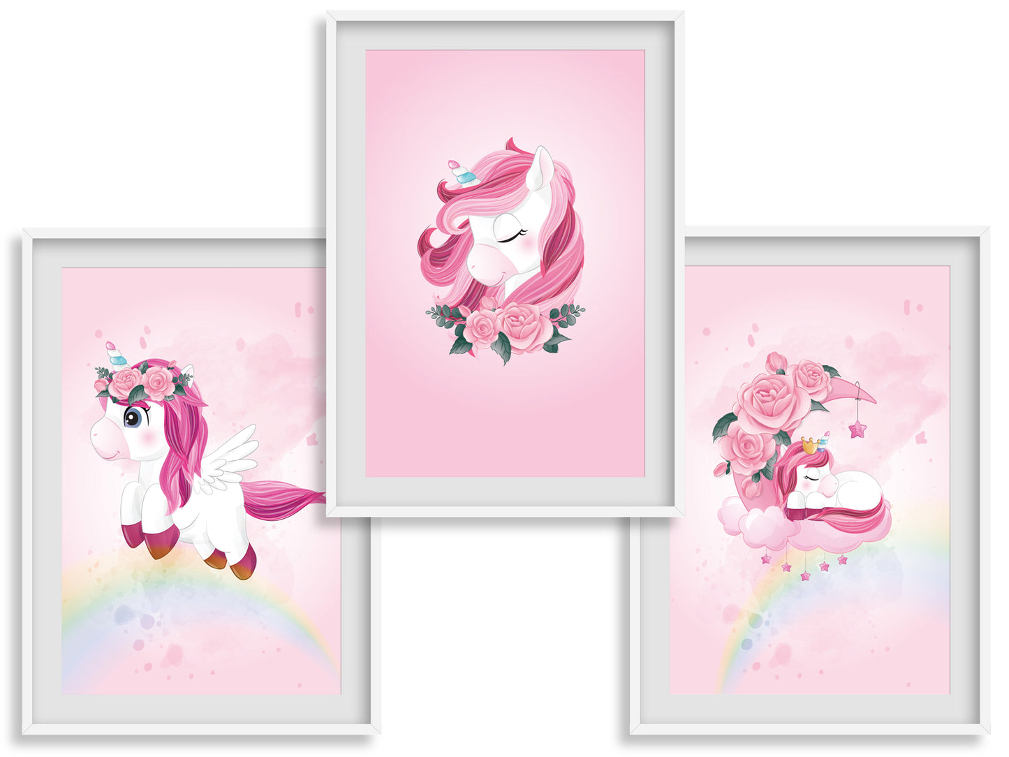Pink unicorn posters for child/baby room - 3 Posters for girl decoration - Birth gift - A4/A3 format painting - decorative accessory - bb