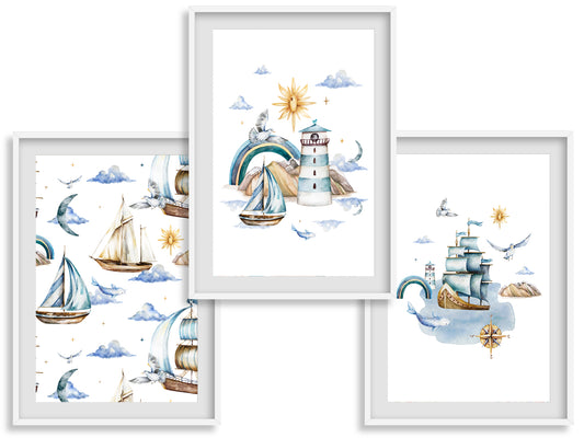 Watercolor style lighthouse whale rainbow fish marine poster
