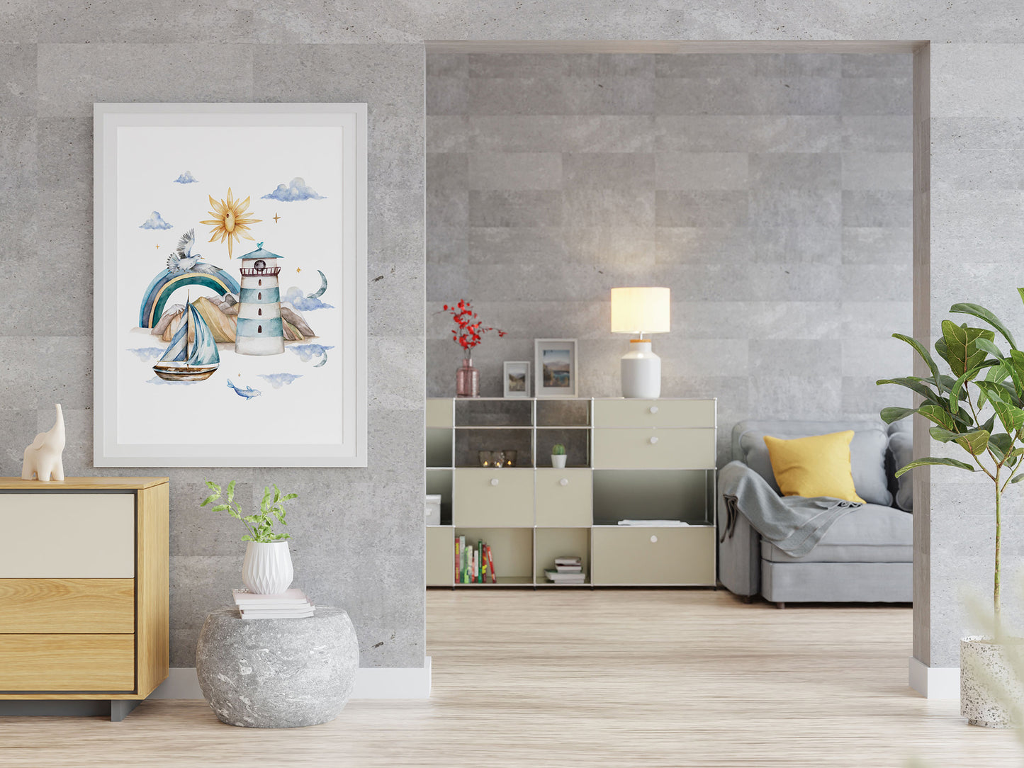 Watercolor style lighthouse whale rainbow fish marine poster